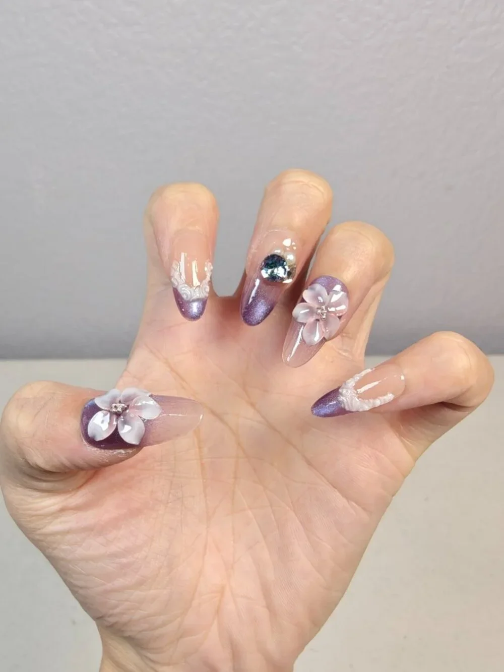 Dreamy Fairy Floral Medium Almond Press On Nails Pink Purple Cat Eye Gradient